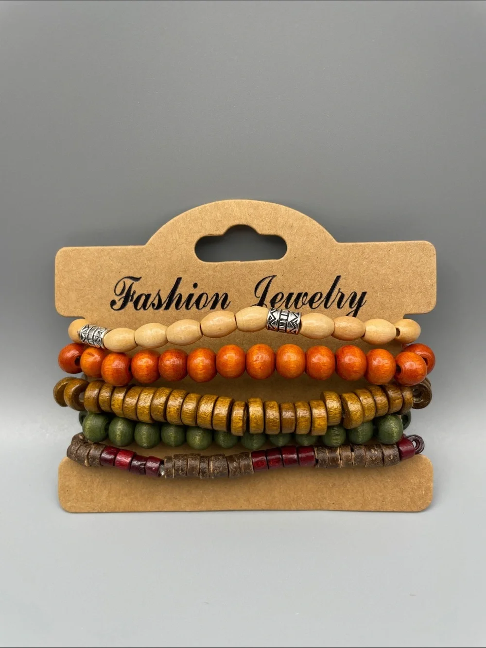 Fashion Jewelry Earth-Tone Wood Bead Bracelet Set - Orange, Green, Brown
